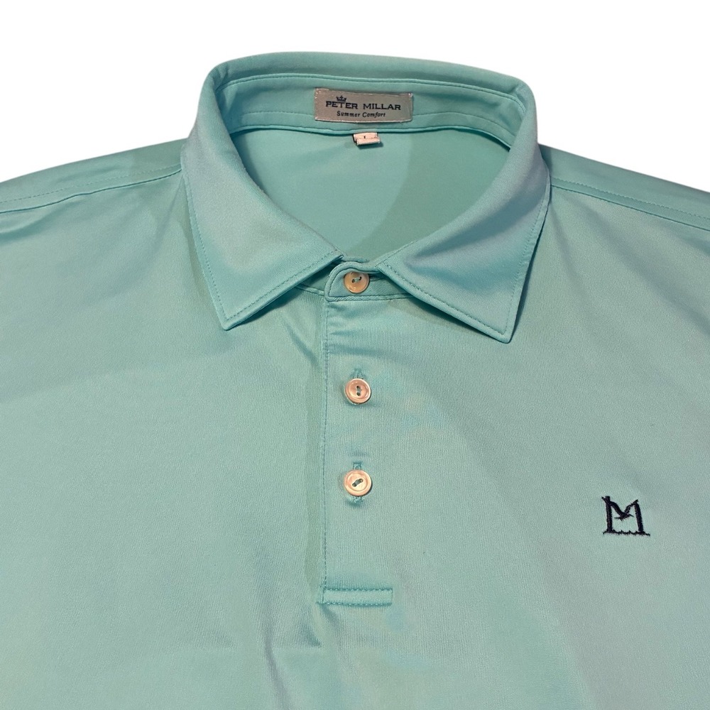 Peter Millar Summer Comfort Mens Aqua Blue Golf Polo Shirt Short Sleeve Size L